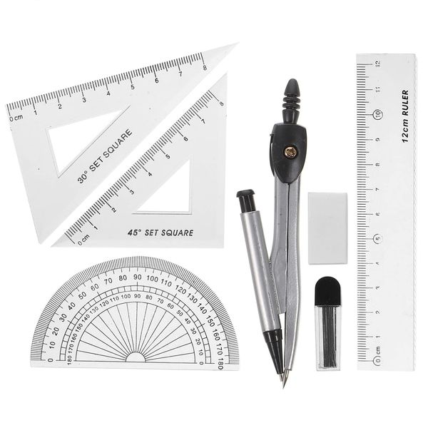 STOBOK Compass, 7-Piece Math Set, School Compass, Math Kompas, Straight Ruler, Triangular Ruler, Semicircle Protractor, Eraser, Refill, Drafting, Drawing Tool, Geometry, Students, Stationary Supplies,