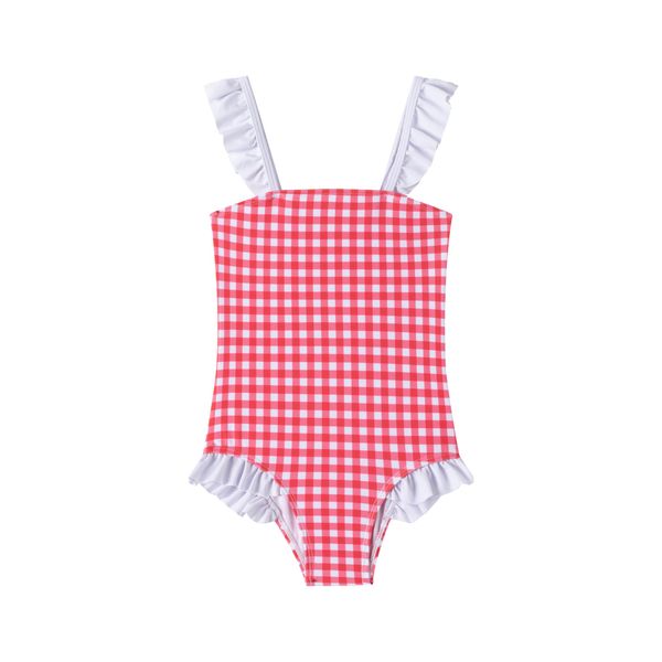 LIZENS Girls One Piece Swimwear Checker Print Ruffles Bathing Suit for Kids Size 2-12(BDG7205,7-8T) Red