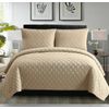3 Piece Inspiration Quilted Bedspread Embossed Pattern Comforter Bedding Set Bed Throw with Pillow Case (Beige, Double)