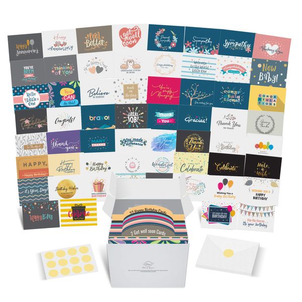 Dessie Greeting Cards Assortment - 60 Large Unique Assorted Cards for All Occasions w/Greetings Inside and Card Organizer. Birthday, Thank You, Sympathy, Baby, Wedding and More. Envelopes, Gold Seals