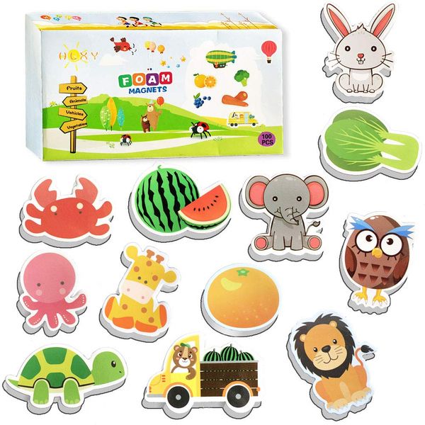 Fridge Magnets for Toddlers Kids Gift Set 100 pcs Animals Magnets -Fruit Vegetables Vehicle Magnets - Foam Magnets Educational Toy for Preschool Learning