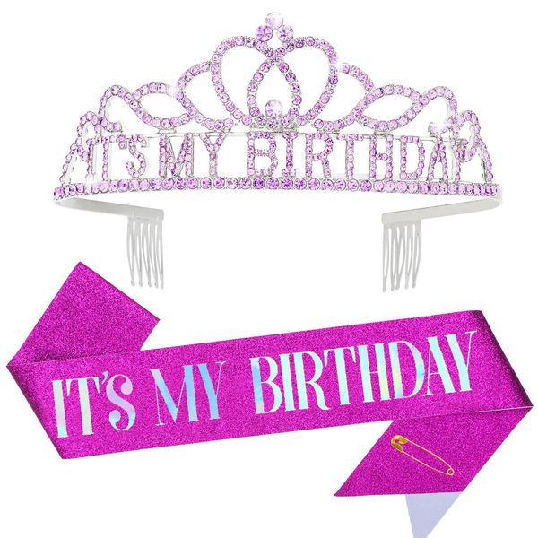 BAHABY Purple It's My Birthday Sash and Rhinestone Tiara Set for Women Birthday Decorations