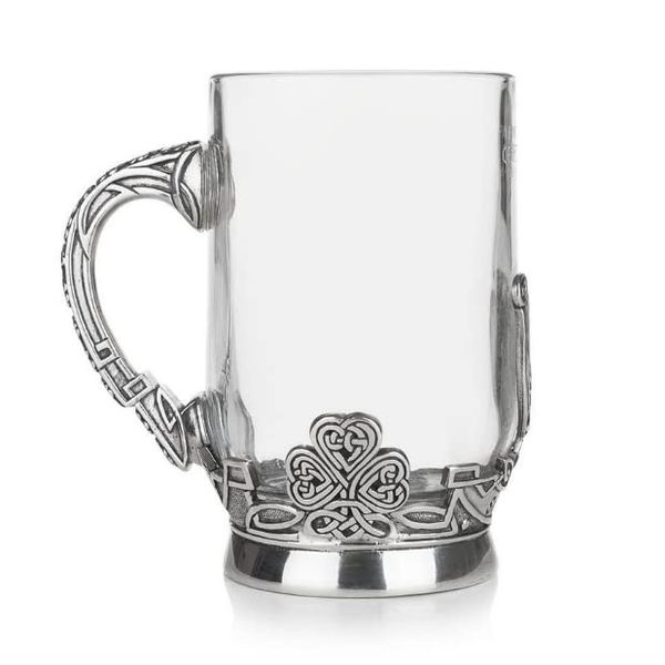 AE Williams Stunning Pewter and Irish Glass Pint Tankard with Celtic Knot Clover and Harp Design