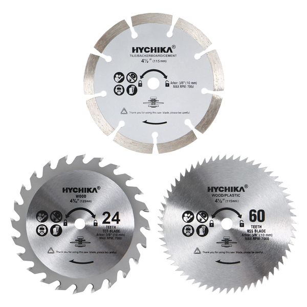 Circular Saw Blades 115mm, HYCHIKA Mini Circular Saw 3 Blades (1 * 24T TCT Saw Blades, 60T HSS Saw Blades; 1 * Grit Diamond Blades) for Cutting Wood, Soft Metal, Tiles