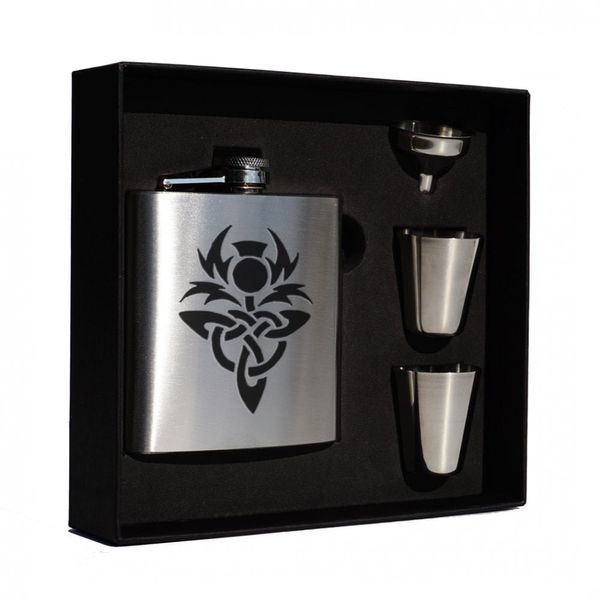 Art Pewter Celtic Thistle (knot) engraved 6oz Hip Flask Box Set (S)