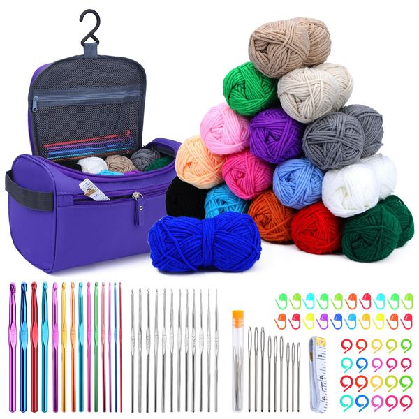 Doxiru Crochet Kits for Beginners, Crochet Hooks Set with 16 Color Crochet Yarn 0.6-10.0mm Complete Professional Crochet Hook Kit Crochet Yarn with Storage Bag for Crocheting