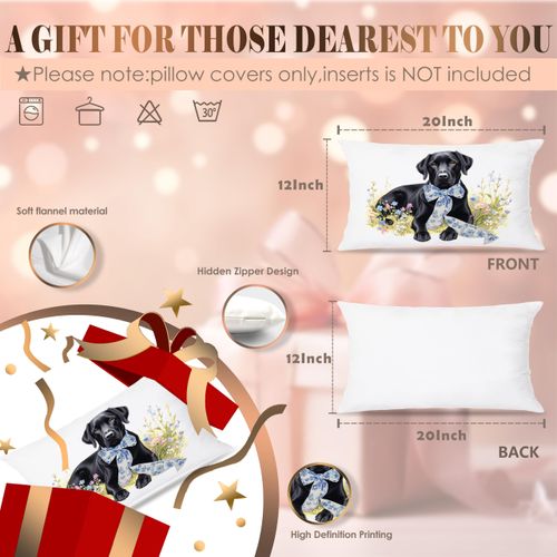 LUKIPOM Cute Black Labrador Retriever Dog Pillow Covers 12x20, Black Lab Gifts for Women, Labrador Retriever Decor, Chinoiserie Bow Wildflower Dog Decorative Lumbar Pillow Covers