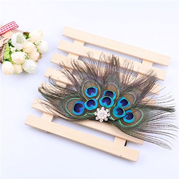 RUNHENG Handmade Feather Peacock Hair clip, Natural Feather Fascinator Barrette with Crystal and White Pearl