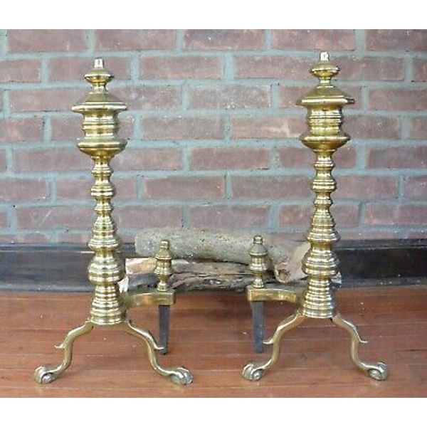 Tall Vintage Colonial Revival Claw Foot Brass Fireplace Andirons, ROSTAND