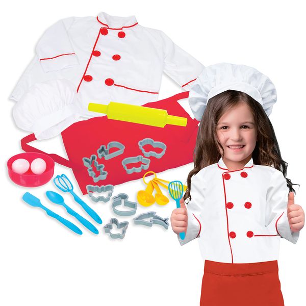 Dr. STEM Toys Chef Costume for Kids Ages 3-6 | 21-Piece Kids' Dress Up & Pretend Play Set Includes Jacket, Hat, Apron, Bowl, 2 Eggs, Utensils, Cookie Cutters