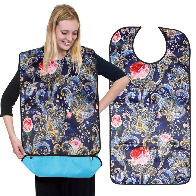 Kaket Adult Bibs Waterproof Reusable Floral Print Adult Bibs for Eating Washable Clothing Protectors Suitable for Adult, the Elderly and Patient (Blue)