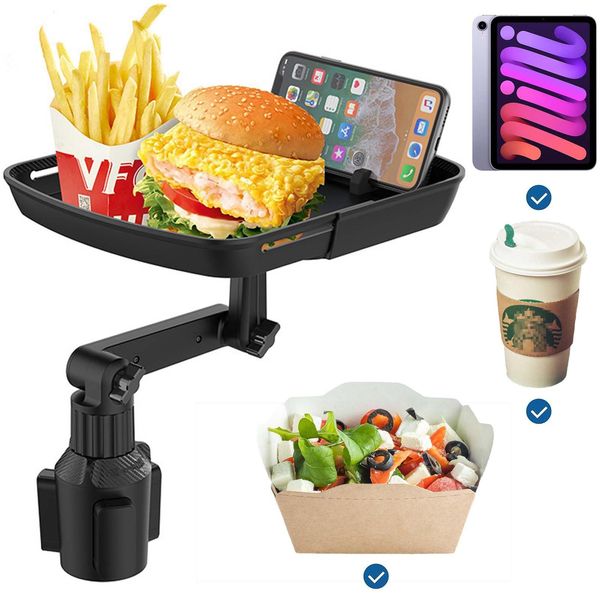 Cup Holder Tray,Car Food Tray for Eating Drive-Thru, Expandable Tray for Take Away Food,Car Cup Holder Expander with 360° Rotating Table Car Eating Table,Car Camping Organizer,Road Trip Essential