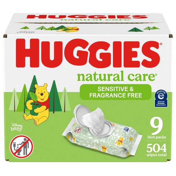 Huggies Natural Care Sensitive Baby Wipes, Unscented, Hypoallergenic, 99% Purified Water, 9 Flip-Top Packs (3 packs of 3), 504 Total Wipes (56 Wipes per pack), Packaging May Vary