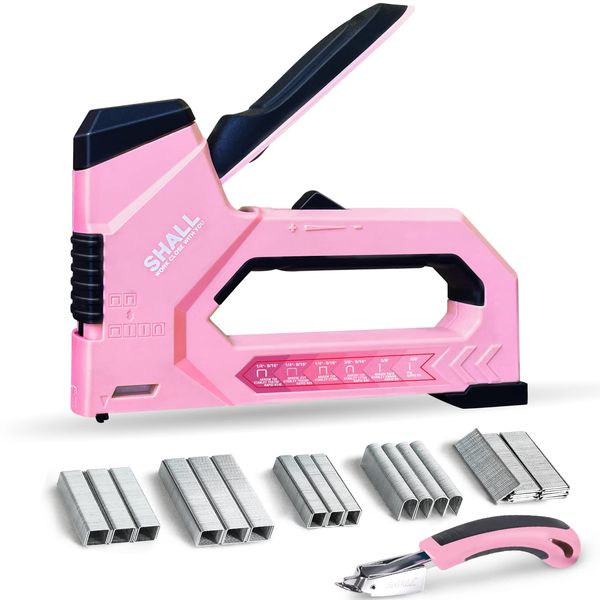 SHALL 6-in-1 Staple Gun Heavy Duty - Pink Upholstery Stapler Nail Gun with 4000 Counts Staples, Women Manual Brad Nailer with Stapler Remover for Wood, Crafts, Fabric, Decoration, Carpentry, Furniture