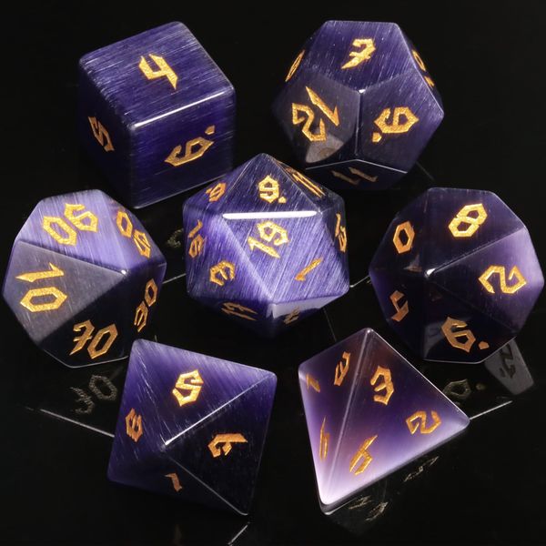 LUCKY-M Cat Eye Gemstone DND Dice, D and D Dice Set for Dungeons and Dragons, Stone Dice D&D Accessories RPG Dice MTG Tabletop Games DND Gift(Purple)