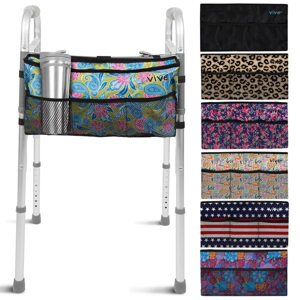 Vive Wheelchair Zimmer Frame Bag - Water Resistant Accessory Basket Provides Hands Free Storage for Folding Walkers - Attachment Fits Wide (Green Paisley)