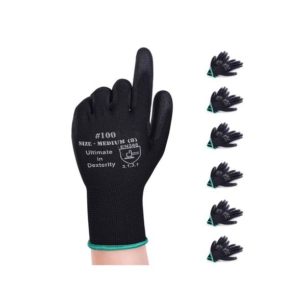 DONFRI Lightweight Work Gloves, PU Thin Gloves, Black Gloves, Gardening Gloves, Anti-Slip, Abrasion Resistant (6 Pair Pack, M)