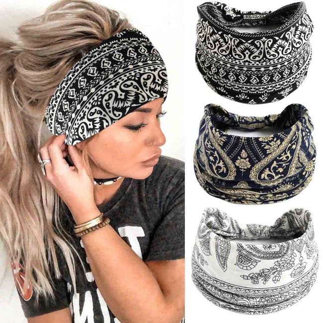 Fashband Boho Breite Stirnbänder Schwarze Blume Haarbänder Elastische Kopftuch Knoten Yoga Kopf Wraps für Frauen und Mädchen (3 Stück)