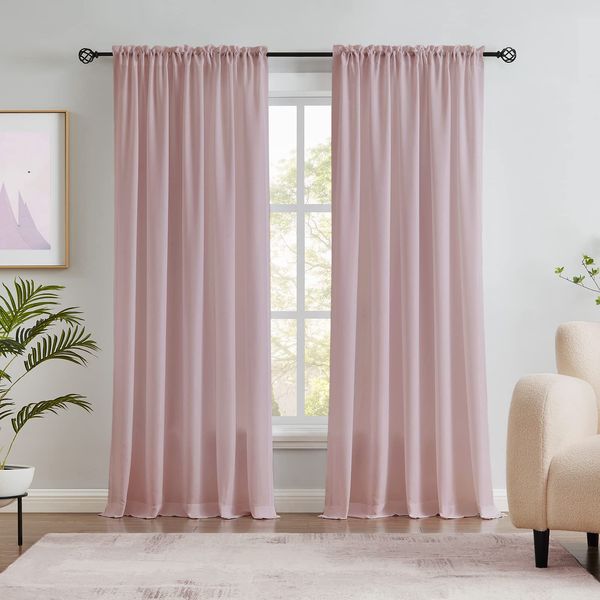 Melodieux Dusty Pink Velvety Semi Sheer Curtains 96 Inches Long for Bedroom, Living Room Natural Cotton Texture Rod Pocket Window Sheer Drapes, 52 by 96 Inch (2 Panels)