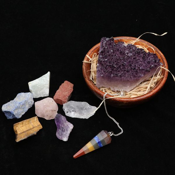 FASHIONZAADI Mothers Day Seven Chakra Rough Raw Stones & Amethyst Cluster With 7 Chakra Pendulum For Reiki Healing And Living Room Decor & Home Decoration Best Gift For Mom