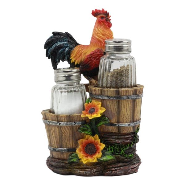 Ebros Sunflower Farm Crowing Rooster Standing On Fence By Old Fashioned Wooden Buckets Glass Salt And Pepper Shakers Holder Figurine 6.5"H Chicken Country Western Decorative Sculpture