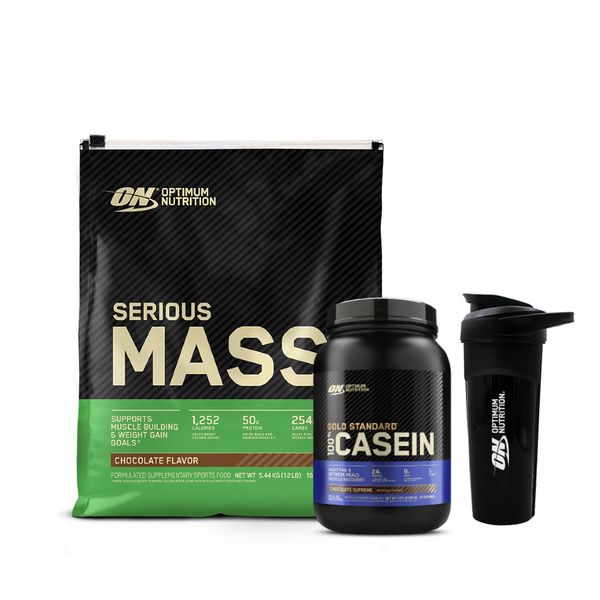 [+Shaker] Optimum Nutrition Serious Mass 5.44kg Chocolate Flavor + Gold Casein Choco 850g