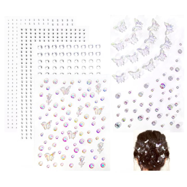 vvpesca Iridescent Butterfly Rhinestones, Self-Adhesive Gems Jewels for Festival Wedding Makeup, Assorted Sizes Rhinestones Stickers, Gems for Face - Body - Hair - Eye - Nail (Clear&Butterfly)