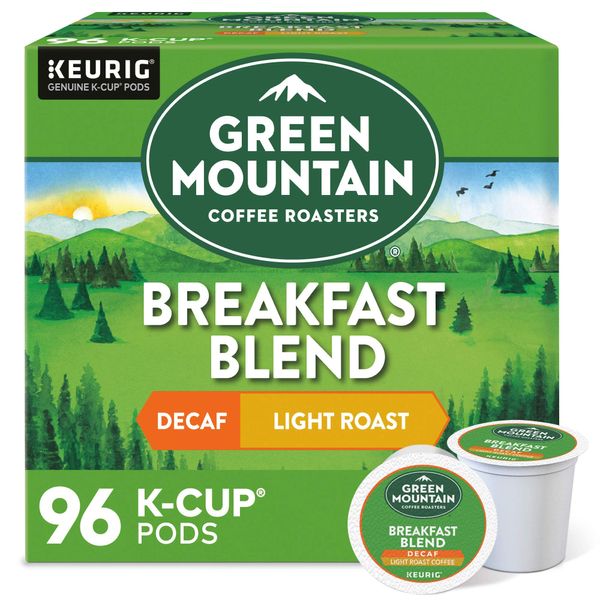 Green Mountain Coffee Roasters Breakfast Blend Decaf Coffee, Keurig Single Serve K-Cup pods, Light Roast, 96 Count (4 Packs of 24)