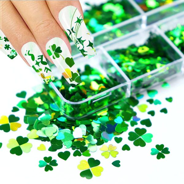 St. Patrick's Day Nail Glitter Sequins Green Clover Nail Sequins Nail Art Supplies 3D Holographic Lucky Shamrocks Glitter Sequins Design for Acrylic Nail Decals for Women's Nail Supplies 6 Grids