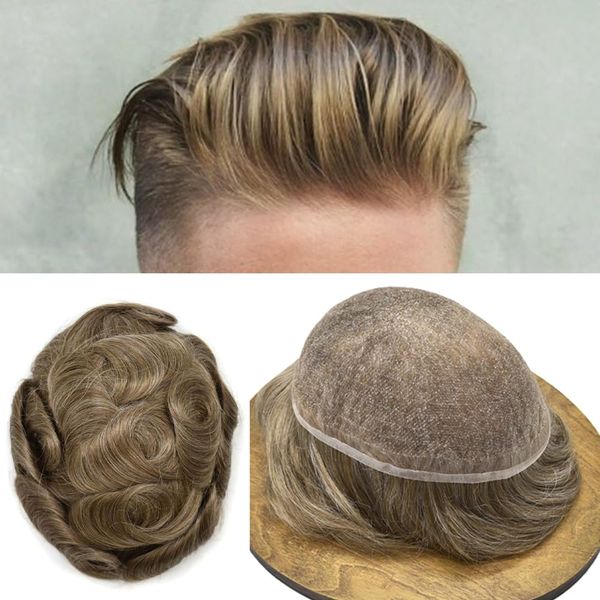 PUNRU HAIR Toupee Hair For Men Hair System Full French Lace Mens Hairpieces Virgin Human Hair Piece For Men Hair Replacement System For Men8x10 Light to medium density#1830 18# MEDIUM BLONDE+30% GREY