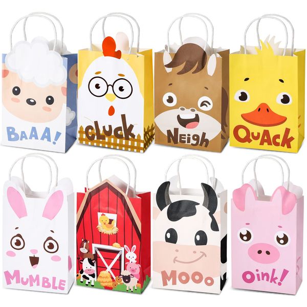 Tallew Farm Animal Party Favor Bags with Handles, Barnyard Birthday Gift Treat Goody Bags Kraft Paper Candy Gift Bag for Kids