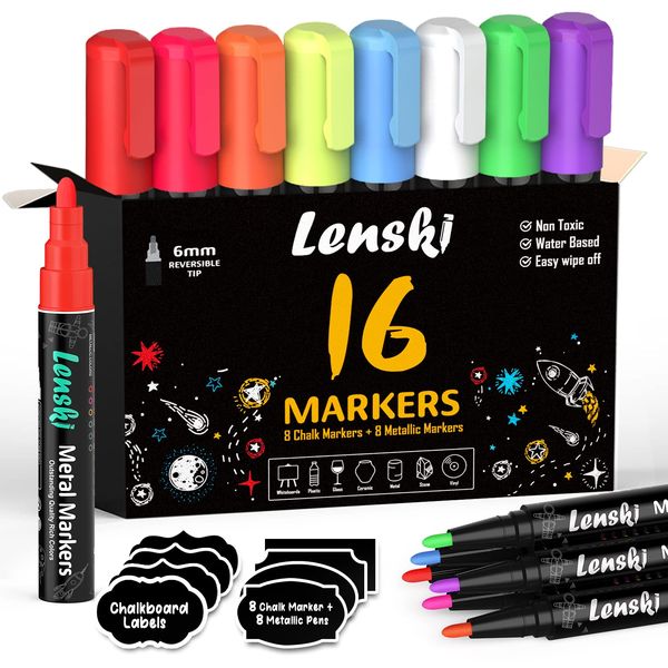 Lenski Chalk Markers, 16 Chalkboard Markers, Washable Markers, Easter Egg Decorating Kit, Liquid Chalk Markers for Glass, Chalk Markers for Chalkboards Windows Menu, School Supplies Accessories