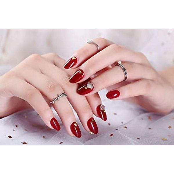 Cute and elegant nails 24PCS plain nail tips with double-sided adhesive tape Nail tips for weddings, parties, after-parties, etc. Zircon handmade nail tips (wine red zircon)