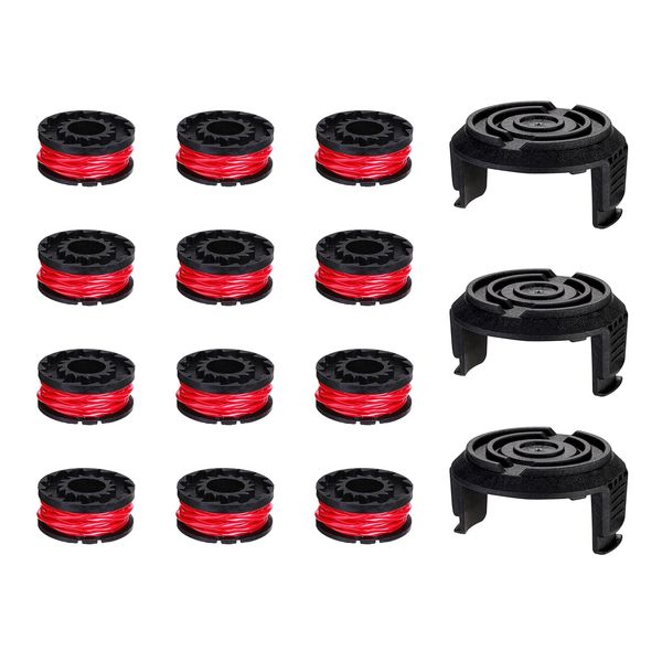 DEKOPRO String Trimmer Replacement Spool Line：12 Pcs 2mm Edger Replacement Spool Compatible, Includes 3 Pcs Spool Covers