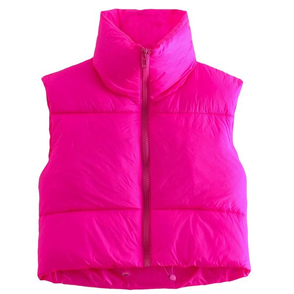 Women's Winter Cropped Puffer Vest Crop Jackets For Women Full Zip Stand Collar Padded Lightweight Outwear Vest Pink Rose Red S