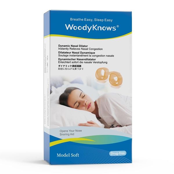 WoodyKnows Dynamic Nasal Dilator, Model 2024 Soft, improves sleep and sports airflow, nasal congestion and nose-related snoring aid (M 4Pack)