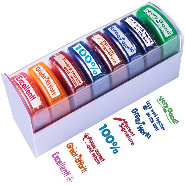 Tickselect Teacher Stamps for Classroom Grading 8PCS – Rectangular Self Inking Stamps Set for Teachers with Different Messages –Homeschool & Teacher Supplies – Comes with Bonus Storage Tray