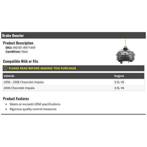 Marketplace Auto Parts - Power Brake Booster - Compatible with 2006-2008 Chevy Impala 3.5L 3.9L V6