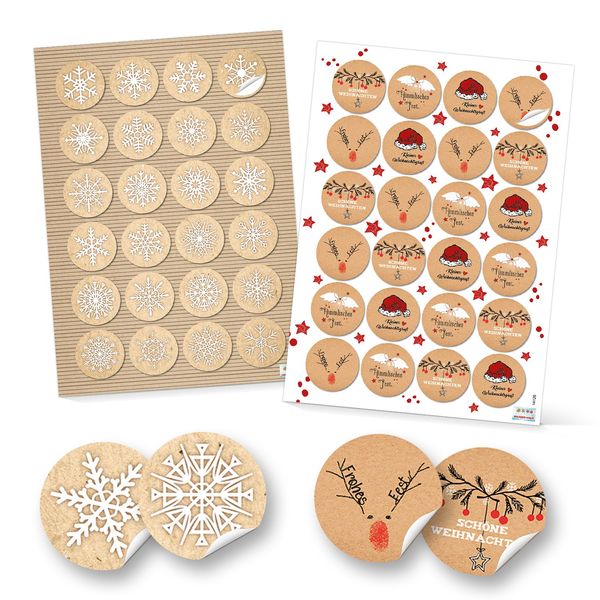 Logbuch-Verlag 2x 48 Weihnachtsaufkleber beige weiß rot - Frohe Weihnachten + Schneeflocken Aufkleber Ø 4 cm Geschenkaufkleber weihnachtlich