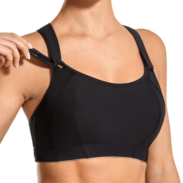 SYROKAN Women's Sports Bra Front Adjustable High Impact Support Padded Wireless Racerback Plus Size Running Bra Black 38DD