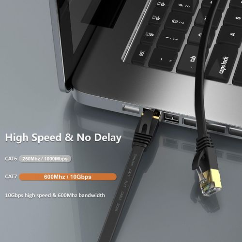 Senetem LAN Cable, 2m CAT7 Ultra Flat LAN Cable, Category 7 High Speed Lan Cable, 10Gbps/600MHz, CAT7 Compliant Ethernet Cable, RJ45, Anti-Crack, Soft, Slim, Black, Modem, Router, PS3, PS4, PS5, Xbox