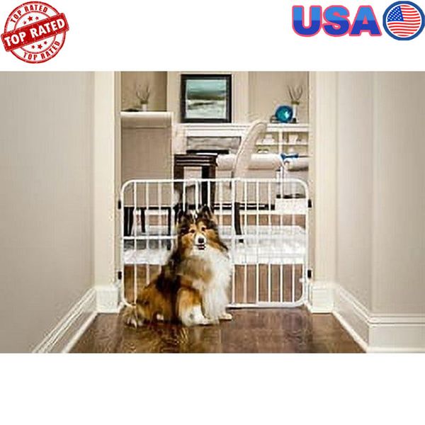 Metal Dog Gate Adjustable Width Patented Small Pet Door White Finish 38"L x 24"H