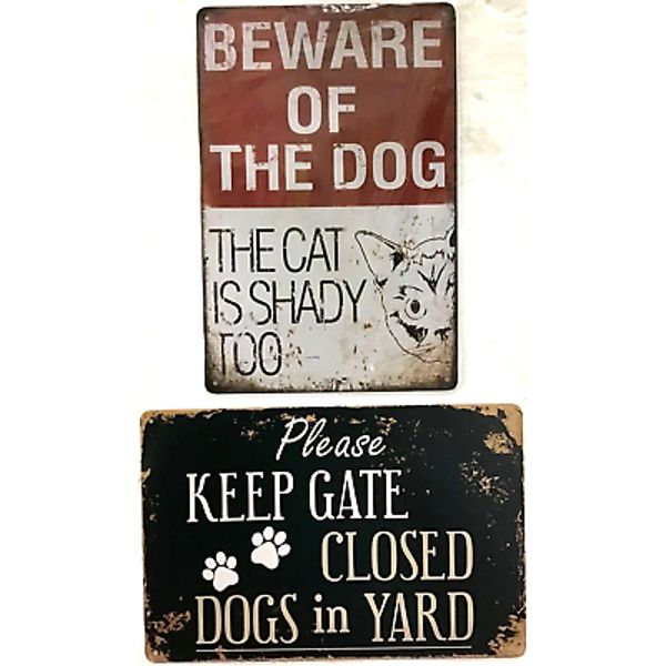 TWO 8x12 TIN SIGNS new funny dog cat beware keep gate closed pets gate fence 732