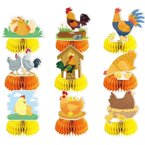 9 PCS Chicken Honeycomb Centerpieces Table Decorations Chicken Table Centerpieces for Chicken Party Supplies Chicken Birthday Party Decorations Farm Animals Decorations