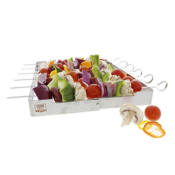 Yukon Glory BBQ Skewer Rack for Grilling Shish Kebob and skewers, Durable Foldable Stainless Steel with 6 Skewers