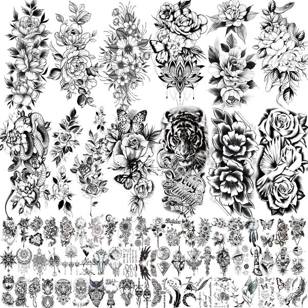 72 Sheets Temporary Tattoos for Women, Including 12 Sheets Large Sexy Flowers Fake Tattoos That Look Real and Last Long, Waterproof Rose Moon Butterfly Tiger Snake Tattoos and Flowers Tattoos