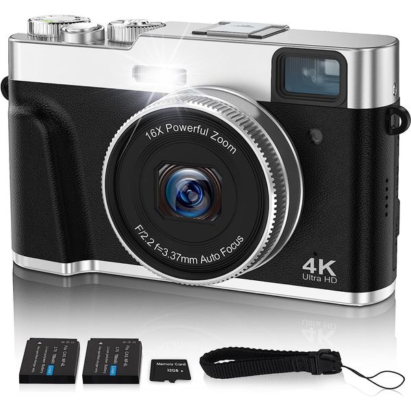 Oiadek 4K Digital Camera, Autofocus, 48MP Vlog Camera, Digital Camera, Image Stabilization, Optical Finder, Mode Dial, 16x Zoom, LED Light, DSLR, Compact, 32GB Card Included, 2 Batteries Included (Black)