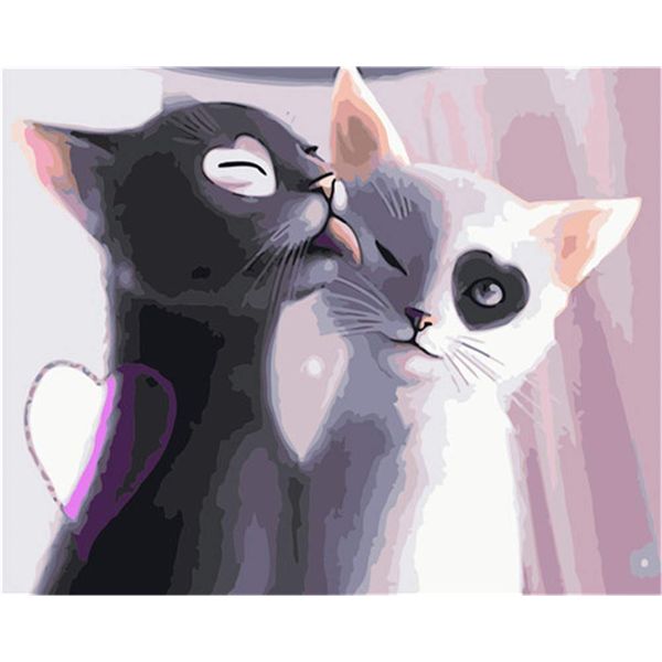 Gofission Paint by Numbers Cat Lovers Heart White Black Couple, 16x20 inch Canvas DIY Number Painting Kits (Cat, Frameless)