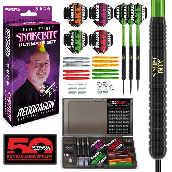 RED DRAGON Peter Wright Snakebite Ultimate 50 Piece Darts and Accessory Set - 22 Gram Dart Set