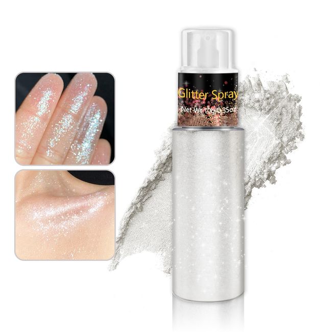 Body Glitter Spray for Women Body Shimmer Powder for Clothes Crafts Spray Glitter for Hair and Body，Festival Rave Accessories-Silver